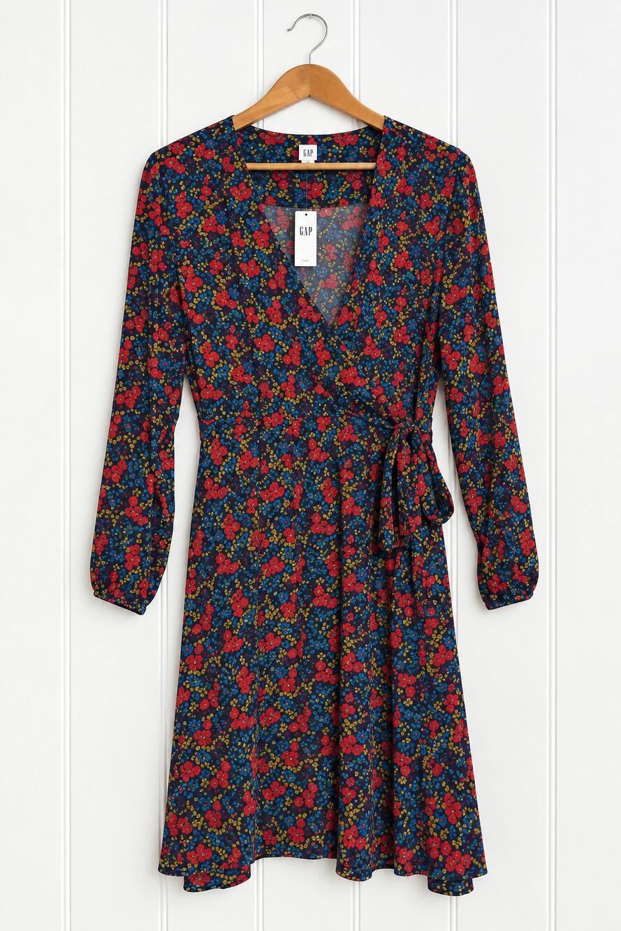 GAP Wrap Dress Womens M Navy Red Floral Long Sleeve Tie Waist V Neck 406859 NWT